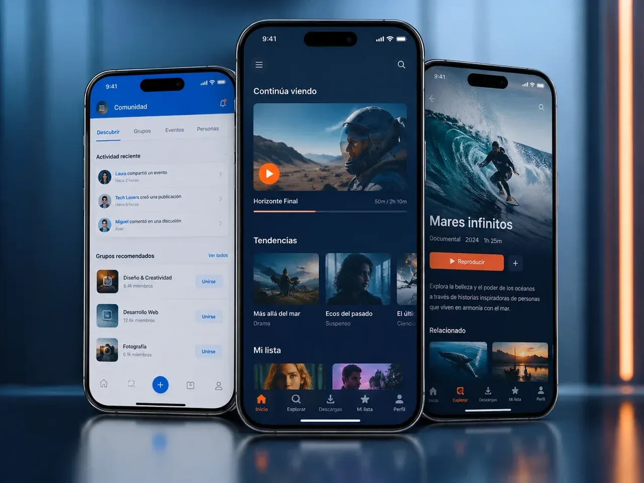 Mockups de aplicaciones móviles modernas para radio, contenido y comunidad