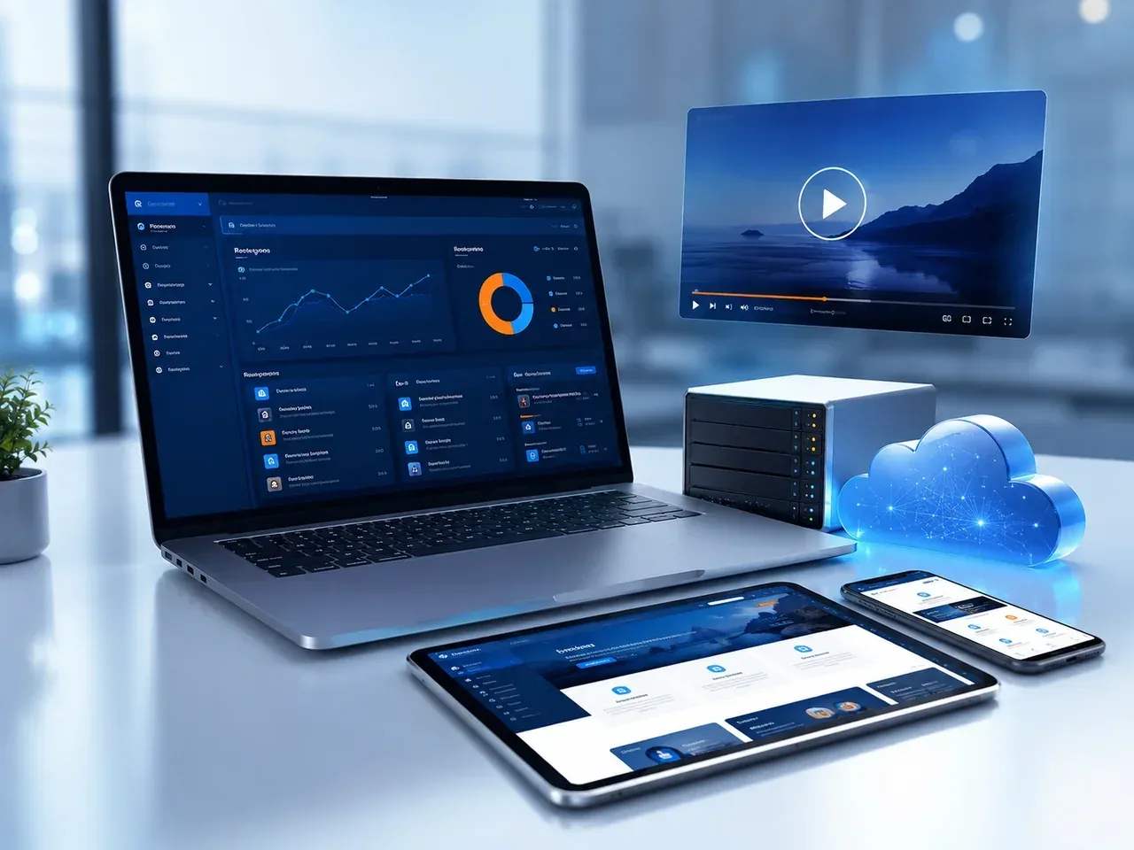 Escena profesional con dashboard, dispositivos, nube y servidor representando streaming, hosting, diseño web y apps móviles