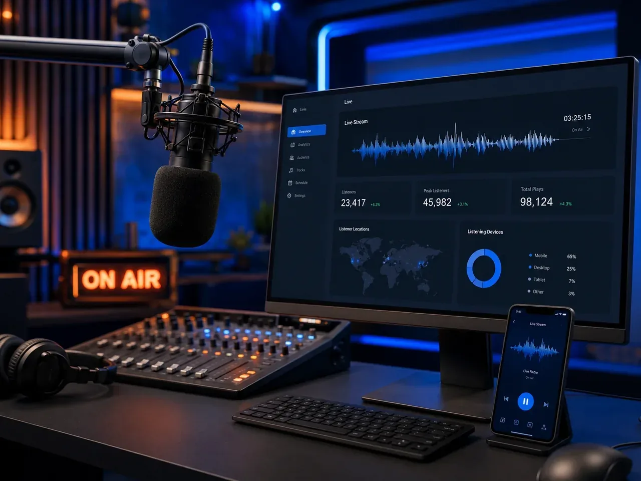 Estudio profesional de radio con micrófono, consola y dashboard de streaming en vivo