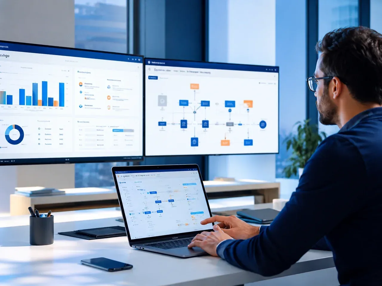 Profesional tecnológico revisando dashboards, flujos de trabajo e integraciones digitales personalizadas