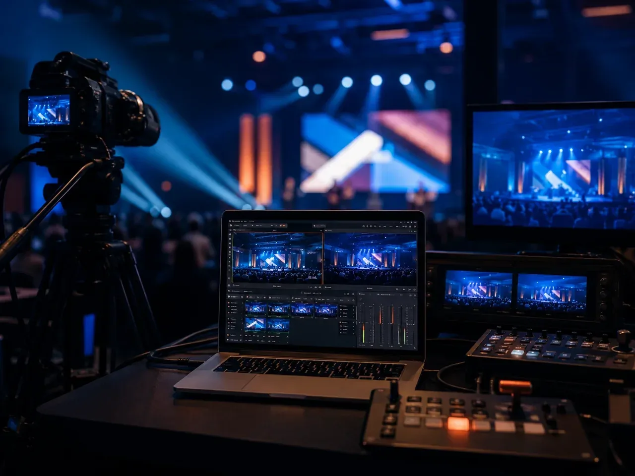 Control profesional de video streaming con cámara, laptop, switcher y monitores de evento en vivo