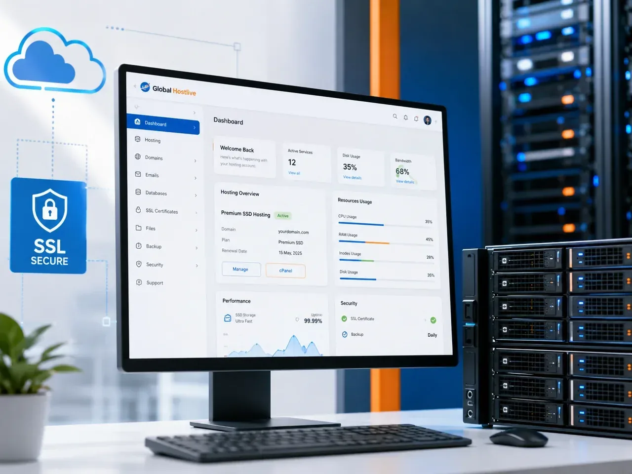 Infraestructura de web hosting SSD con panel de control, seguridad y velocidad